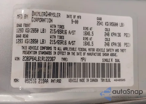 2001 Chrysler Town & Country Limited z USA, uszkodzony, nr VIN 2C8GP64L61R122367